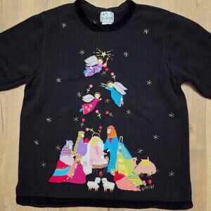 Vtg Quack Factory Nativity Baby Jesus Christmas Holiday Black Sweater 2XL EUC